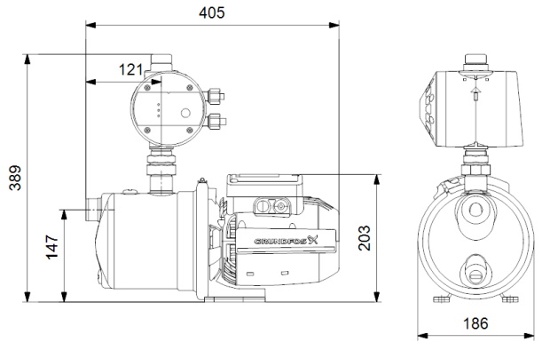 Габаритный чертеж насосной станции Grundfos JP 5-48 S-BBVP